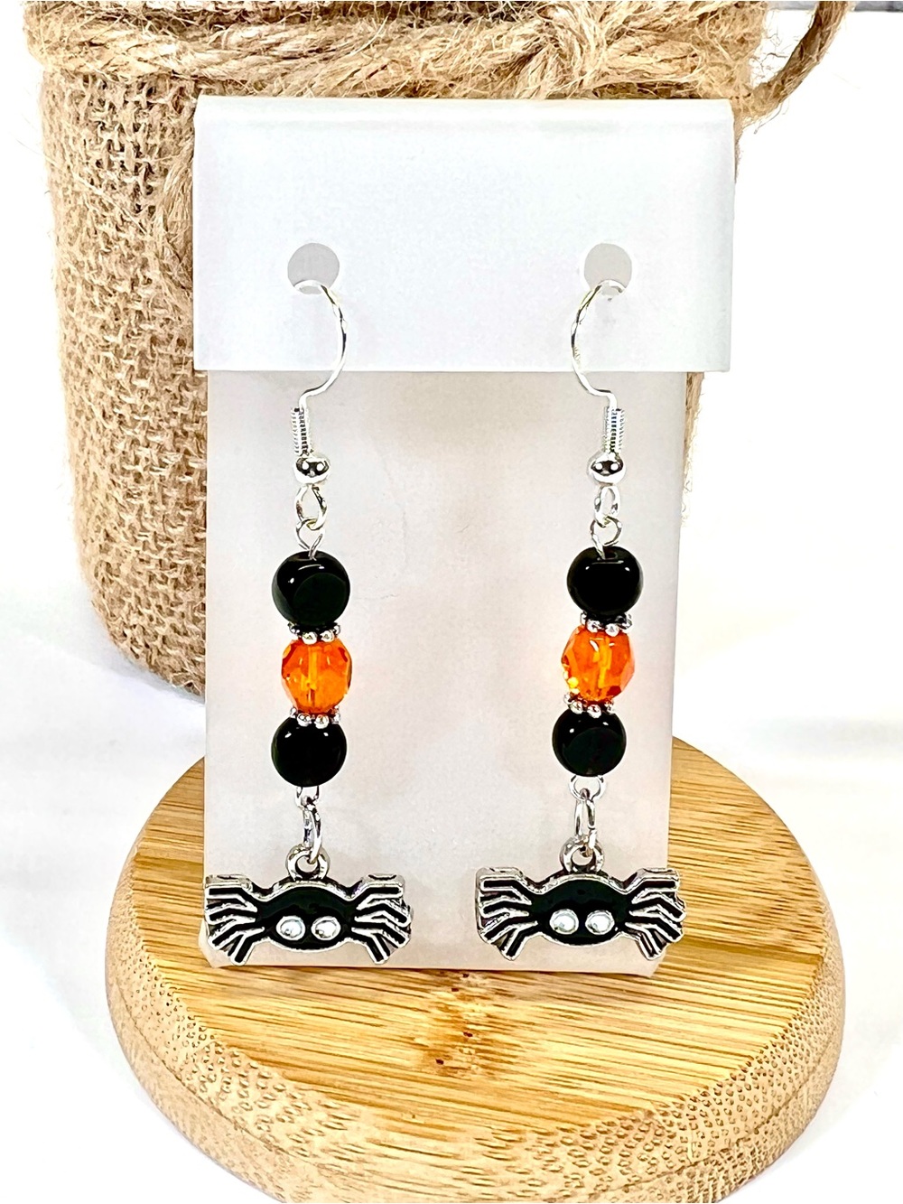 Spooky Spider metal Charm Beaded Earrings in Black Silver & Orange-NEW